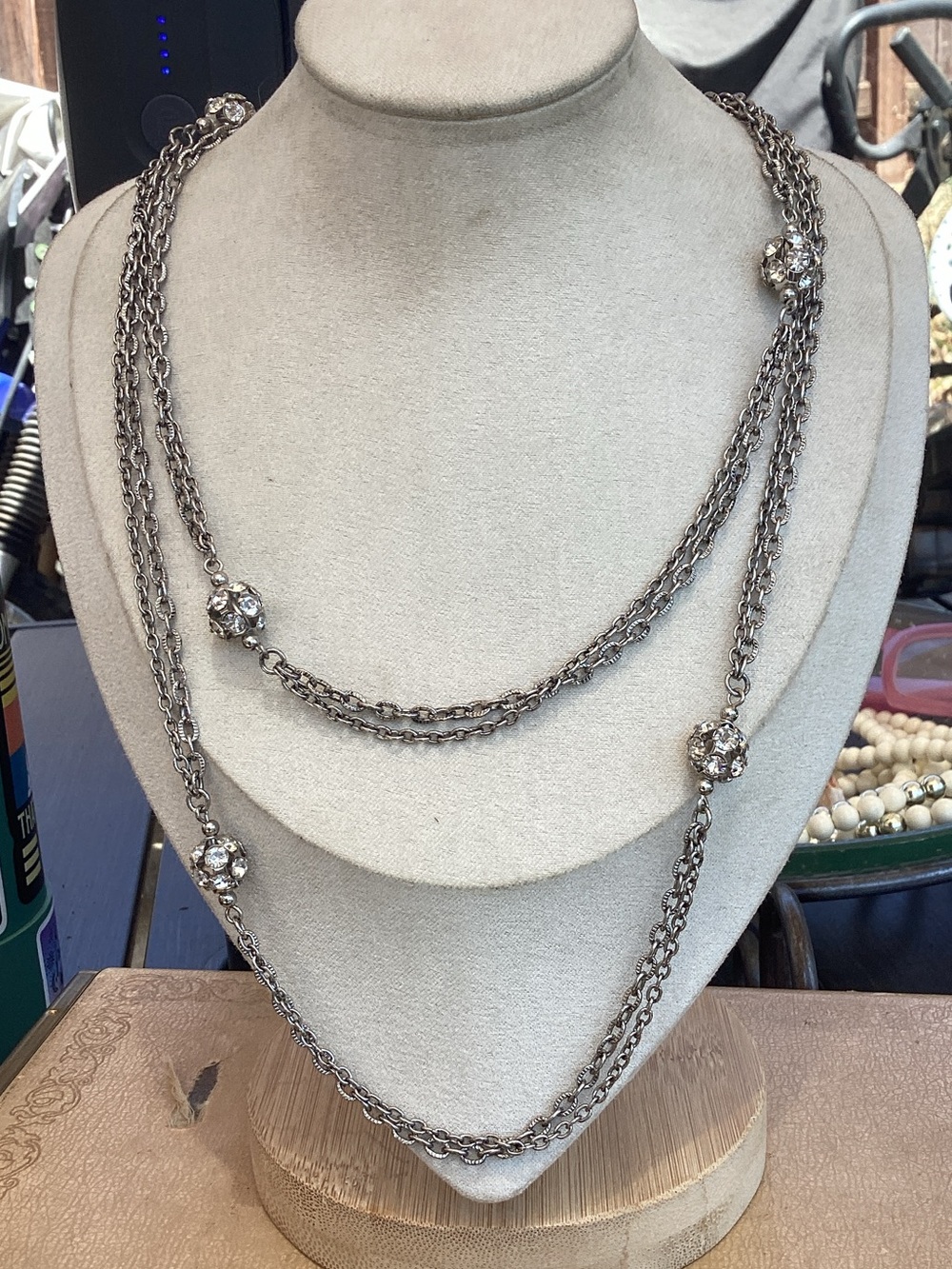 & Other Stories Vintage Silver-Tone Layered Chain Necklace with Rhinestone Orbs